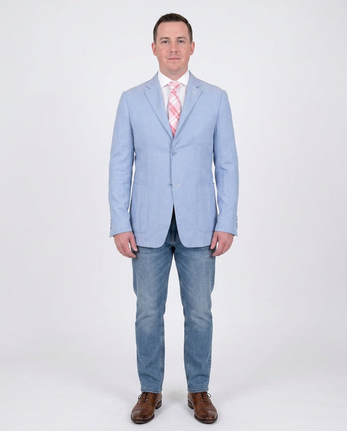 Mens Modern Fit Sky Blue Herringbone Unstructured Cotton Field Jacket Sportcoat - The Suit Depot