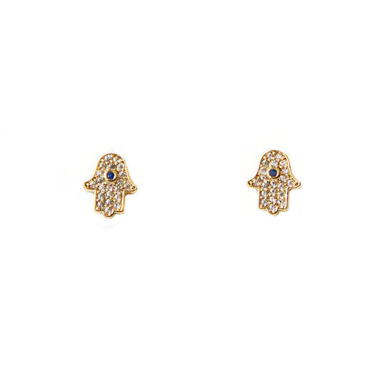 Gold-tone CZ Hamsa stud earrings with blue center eye details