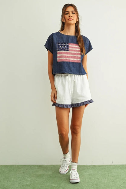 Mixed Fabric Flag Patched Top