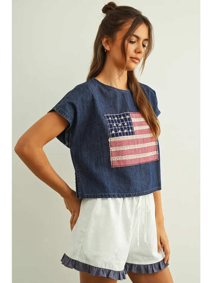 Mixed Fabric Flag Patched Top