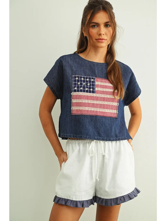 Mixed Fabric Flag Patched Top