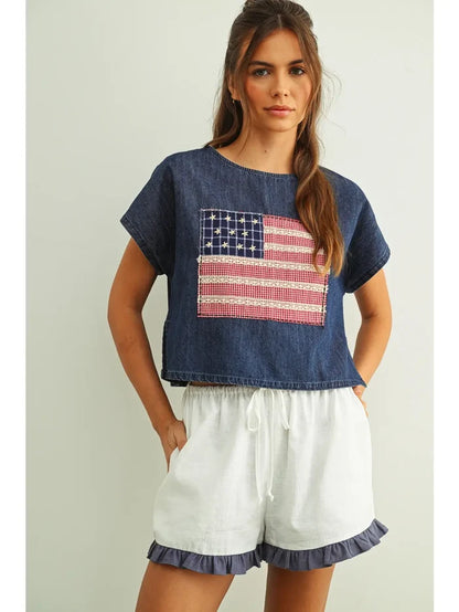 Mixed Fabric Flag Patched Top