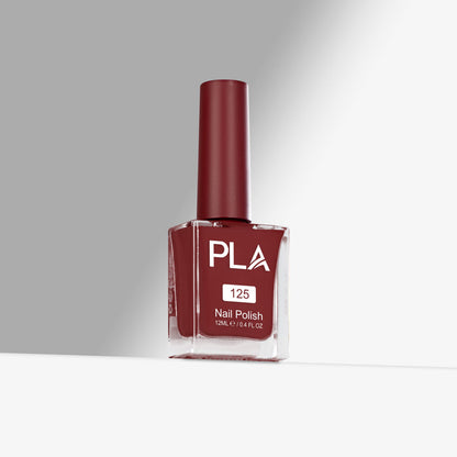 Red nail polish bottle with 'PLA' branding on a gray background