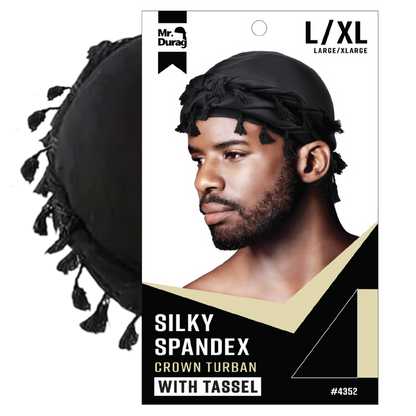 Mr. Durag Silky Spandex Crown Turban with Tassel L/XL, 1 Count Men's Halo Turban, Black