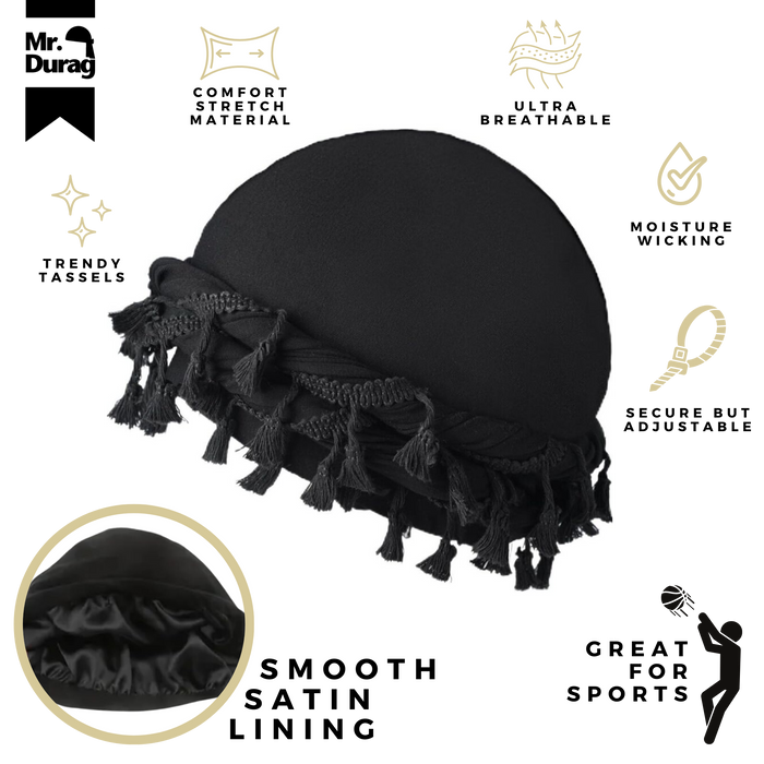 Mr. Durag Silky Spandex Crown Turban with Tassel L/XL, 1 Count Men's Halo Turban, Black