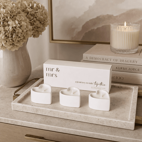 Mr & Mrs White Heart Shaped Tealight Candles - Set of 3 Fragrance