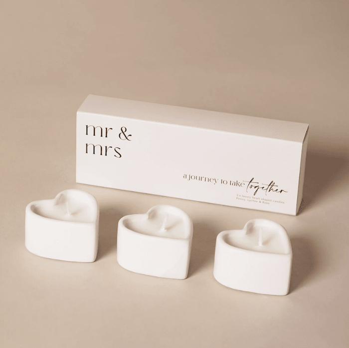 Mr & Mrs White Heart Shaped Tealight Candles - Set of 3 Fragrance