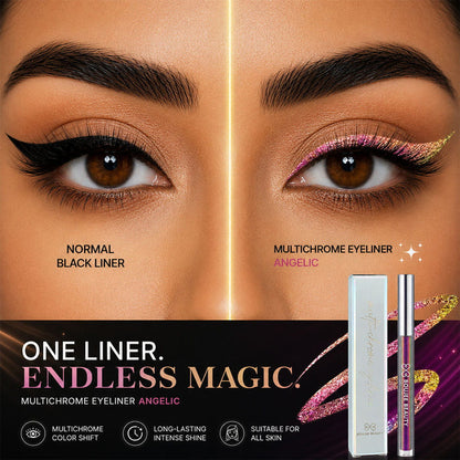 Multichrome eyeliner product with color shift effect on a model's eye, showing 'Normal' and 'Multichrome Angelic' effects.