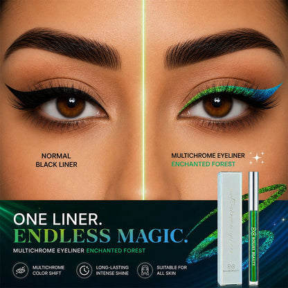 Multichrome eyeliner product with color shift effect on eyes, showing 'Normal' and 'Multichrome Eyeliner Enchanted Forest' effects.