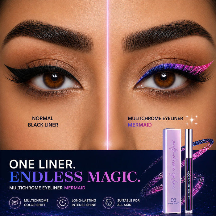 Multichrome eyeliner product with color shift effect on a model's eye, showing 'Normal' and 'Multichrome Mermaid' effects.