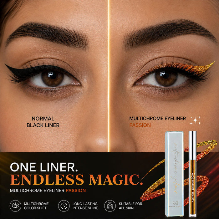 Multichrome eyeliner product with color shift effect on a model's eye, showing 'Normal Black Liner' and 'Multichrome Eyeliner Passion'.