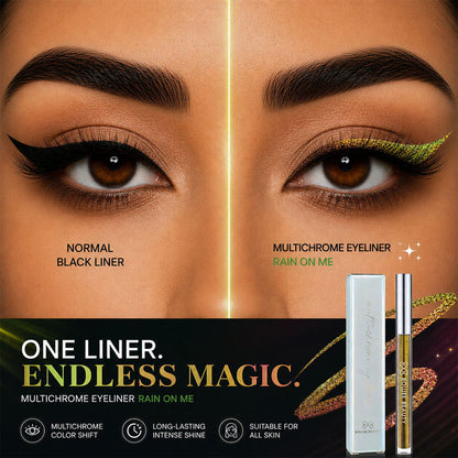 Multichrome eyeliner product with color shift effect on a model's eye, showing 'Normal' and 'Multichrome Rain On Me' effects.