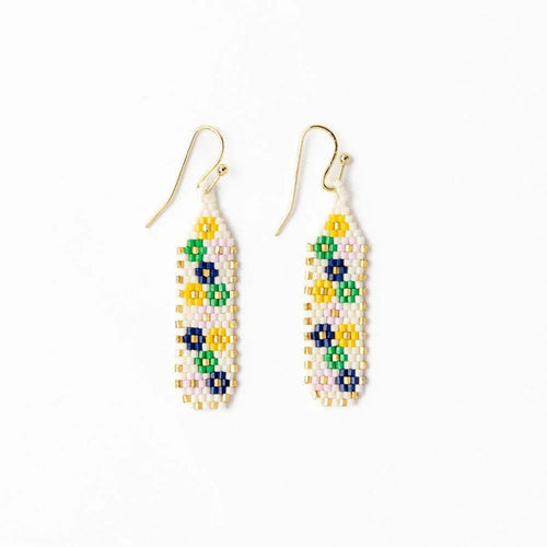 Seed-bead floral drop earrings with gold-tone hooks, ivory base and multicolor details