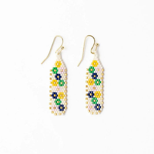 Seed-bead floral drop earrings with gold-tone hooks, ivory base and multicolor details