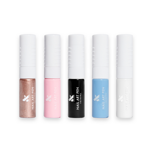 Nail Art Set showing five double-sided nail art pens with metallic, pink, black, blue, and white polish colors against white background