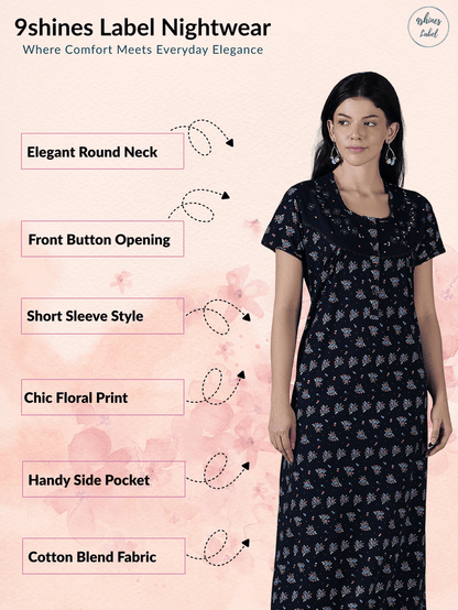 Navy Floral Cotton Blend Nighty for Women Comfortable Fit
