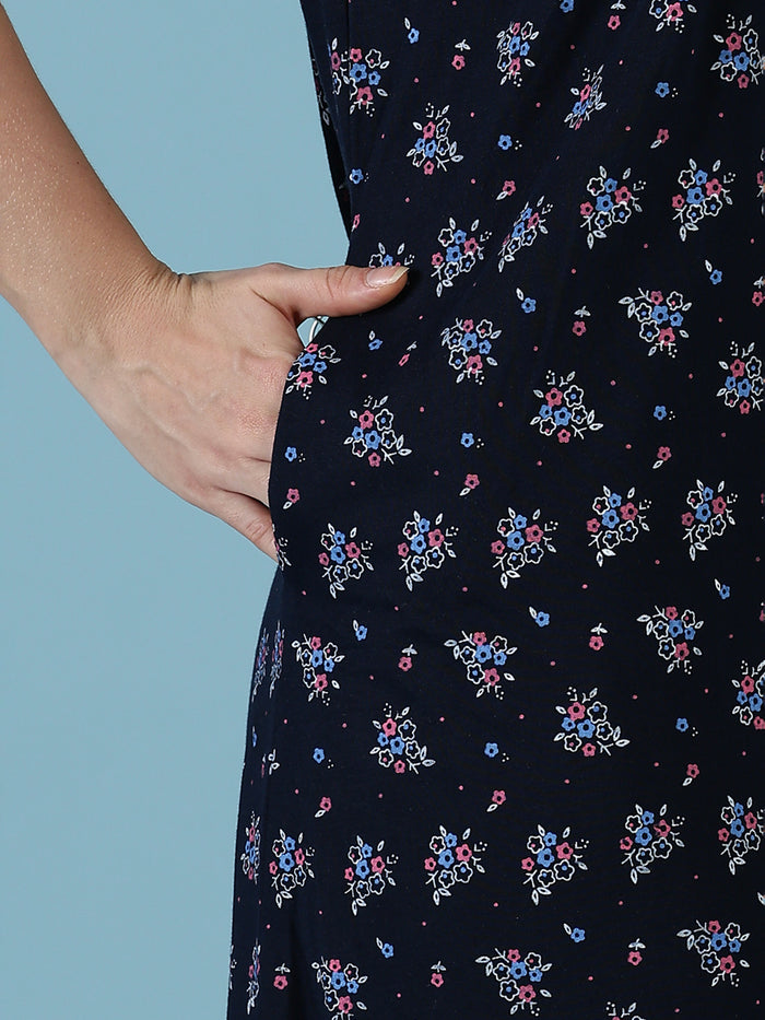 Navy Floral Cotton Blend Nighty for Women Comfortable Fit