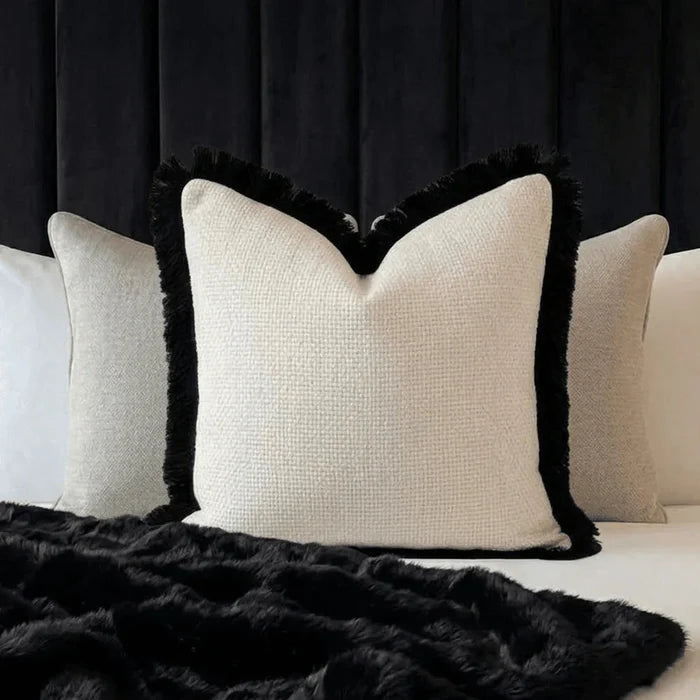 Nemia Cream Weaved Velvet Cushion Cover with Black Fringe Detail - 50x50cm Textiles