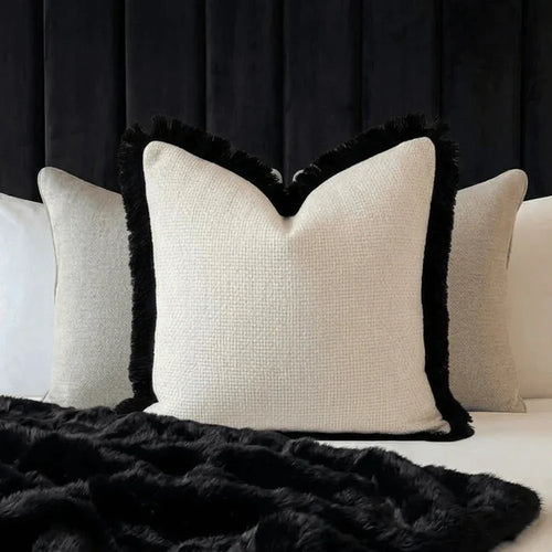 Nemia Cream Weaved Velvet Cushion Cover with Black Fringe Detail - 50x50cm Textiles