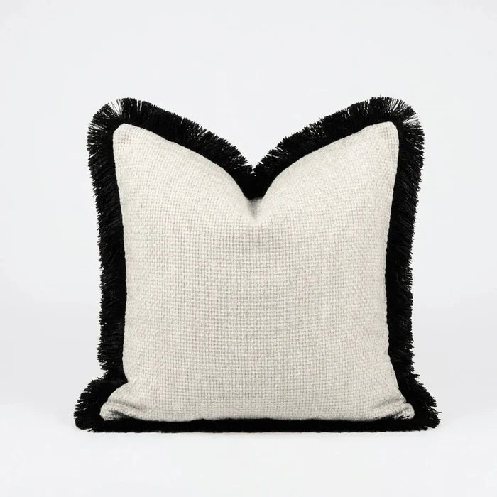 Nemia Cream Weaved Velvet Cushion Cover with Black Fringe Detail - 50x50cm Textiles