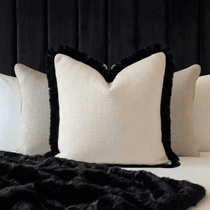 Nemia Cream Weaved Velvet Feather Filled Cushion with Black Fringe Detail - 50x50cm Textiles