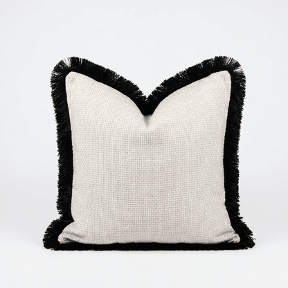 Nemia Cream Weaved Velvet Feather Filled Cushion with Black Fringe Detail - 50x50cm Textiles