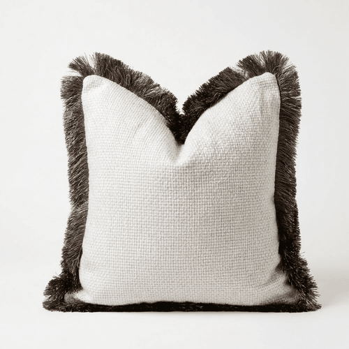 Nemia Cream Weaved Velvet Feather Filled Cushion with Metallic Fringe Detail - 50x50cm Textiles