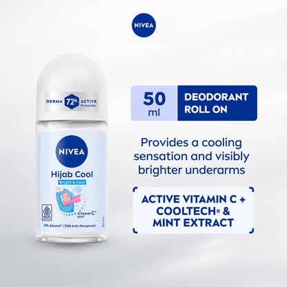 Nivea Hijab Cool Bright & Cool Vitamin C & Mint Deodorant Roll On 50ml مزيل عرق نيفيا حجاب كول برايت آند كول بفيتامين سي والنعناع، رول أون - Princess Cosmetics Qatar