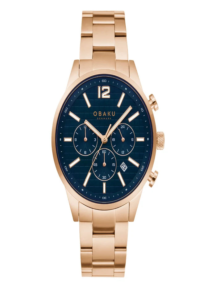 Obaku Round Blue Dial Chronograph Watch With Date Display & Steel Strap  - V205GUVLSV1