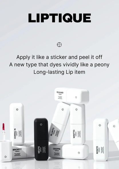 Liptique lip products on a white background with text describing the product.