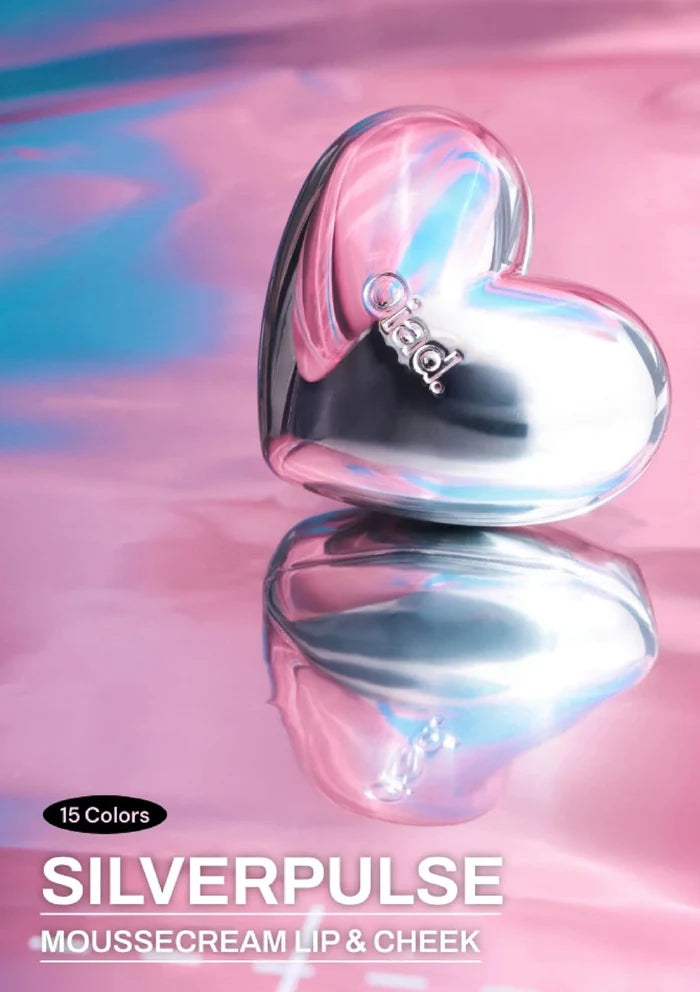Heart-shaped silver container with 'Silverpulse' branding on a pink and blue gradient background.