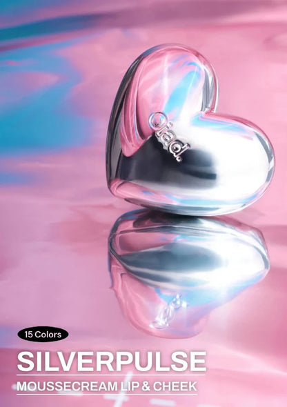 Heart-shaped silver container with 'Silverpulse' branding on a pink and blue gradient background.
