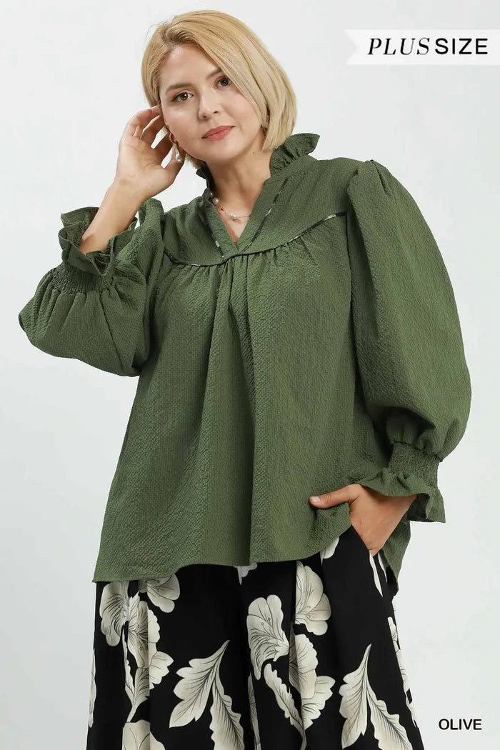 Olive Puff Sleeve Babydoll Blouse