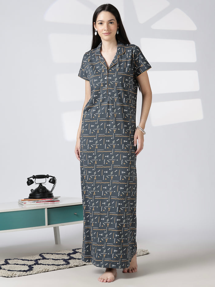 Premium front open nighty featuring a smart collar and a side pocket