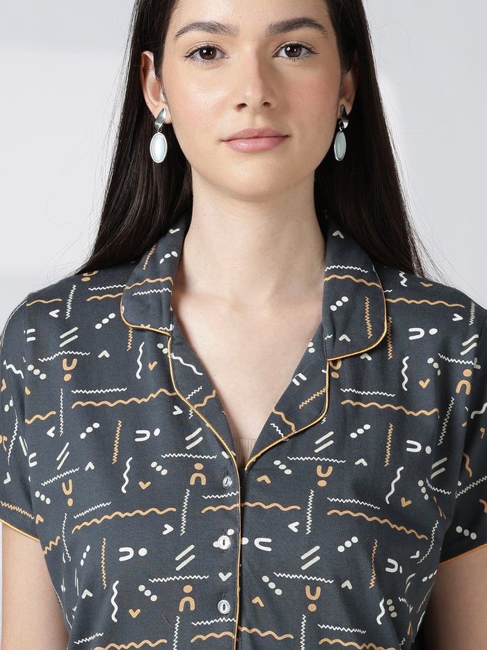 Premium front open nighty featuring a smart collar and a side pocket