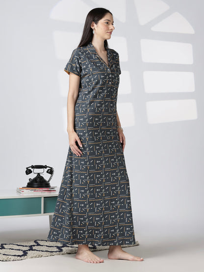 Premium front open nighty featuring a smart collar and a side pocket