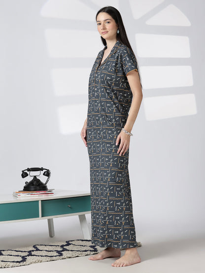 Premium front open nighty featuring a smart collar and a side pocket