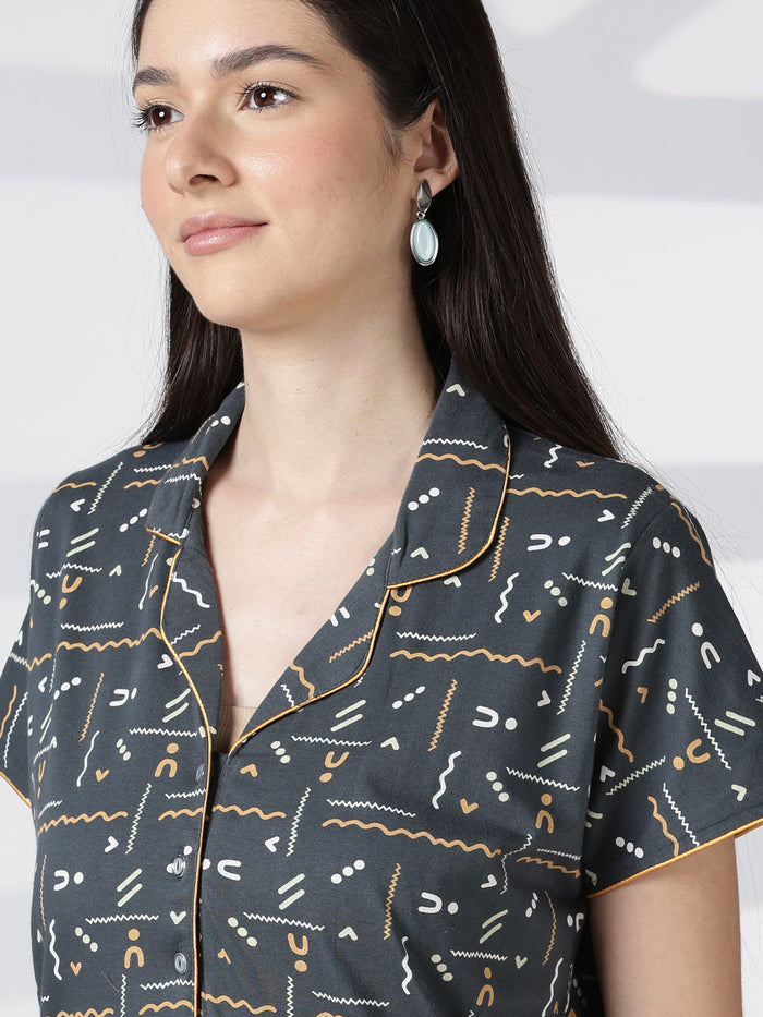 Premium front open nighty featuring a smart collar and a side pocket