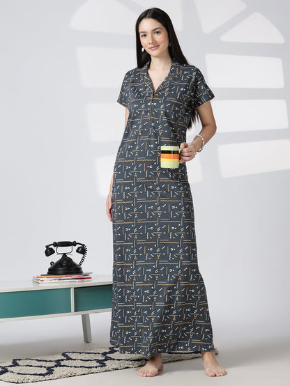 Premium front open nighty featuring a smart collar and a side pocket