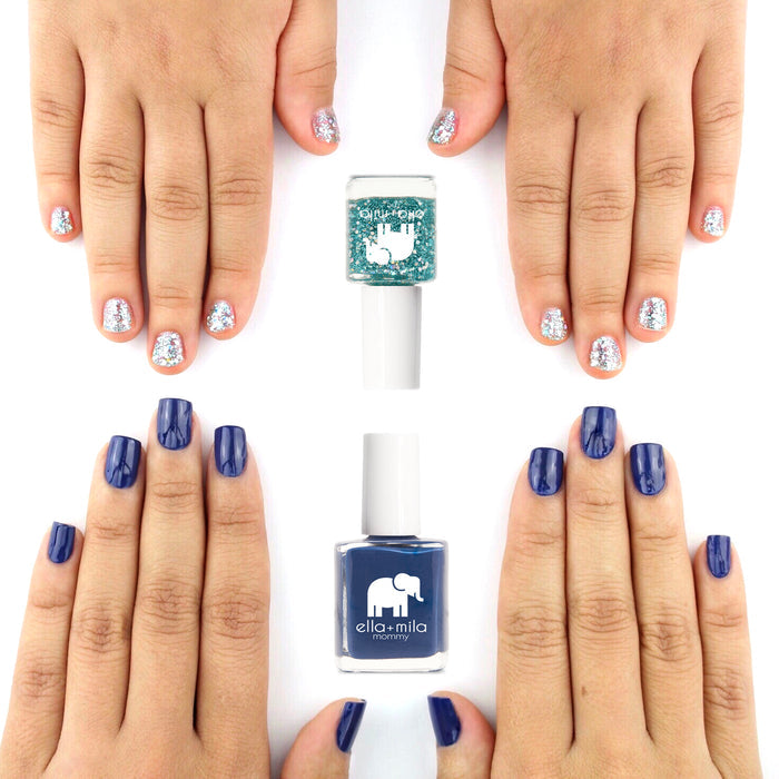 Mommy & Me Once in a Blue Luna and Starlight nail polish on an adult and child's hands