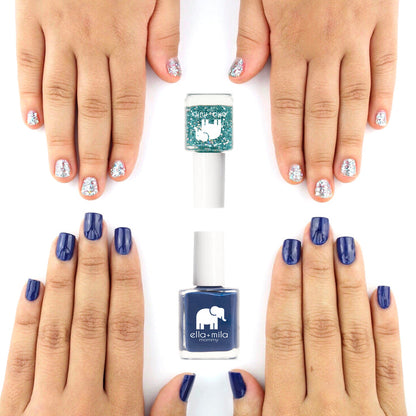 Mommy & Me Once in a Blue Luna and Starlight nail polish on an adult and child's hands