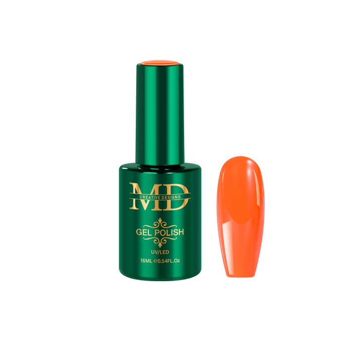 Green gel polish bottle with orange nail tip color swatch on a white background