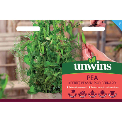 Unwins pea plant packaging with a hand holding a pod.