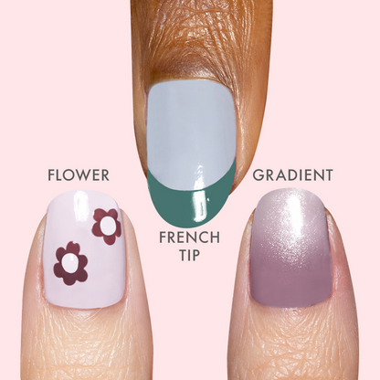 Close-up of three nails showing Penny Nail Art Tool designs with flower, French tip, and gradient manicure styles