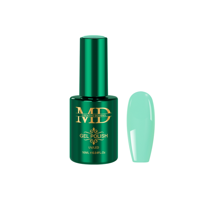 Green gel polish bottle with a matching nail tip color swatch on a white background
