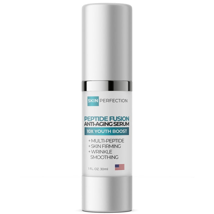 Peptide Fusion Anti-Aging Serum pump bottle light gel labeled over 55% peptides hyaluronic acid paraben-free made in USA