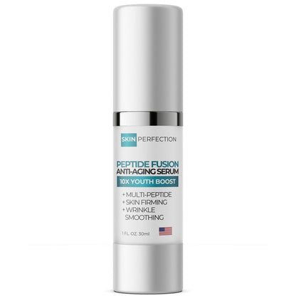 Peptide Fusion Anti-Aging Serum pump bottle light gel labeled over 55% peptides hyaluronic acid paraben-free made in USA