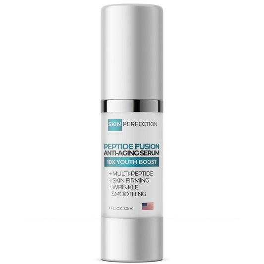 Peptide Fusion Anti-Aging Serum pump bottle light gel labeled over 55% peptides hyaluronic acid paraben-free made in USA
