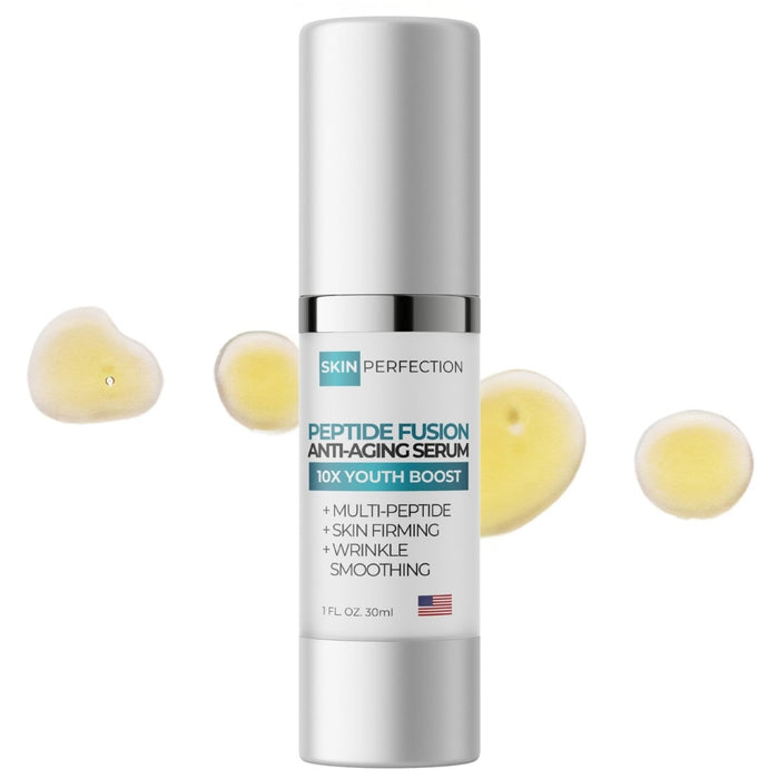 Skin Perfection Peptide Fusion Anti-Aging Serum bottle with cream or yellow droplets on a white background
