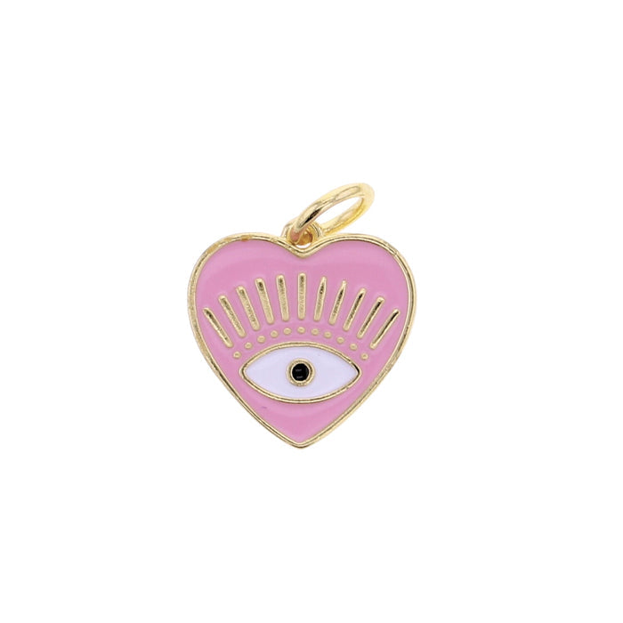 Pink heart evil eye pendant charm, gold rim and loop with enamel eye and lashes